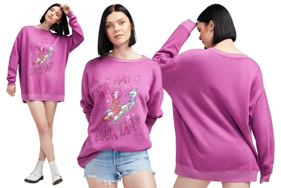 Giving '90s cartoon vibes, the Cosmic Cocktail Roadtrip Sweatshirt is made from sherpa fleece fabric and features ribbed banded trim
