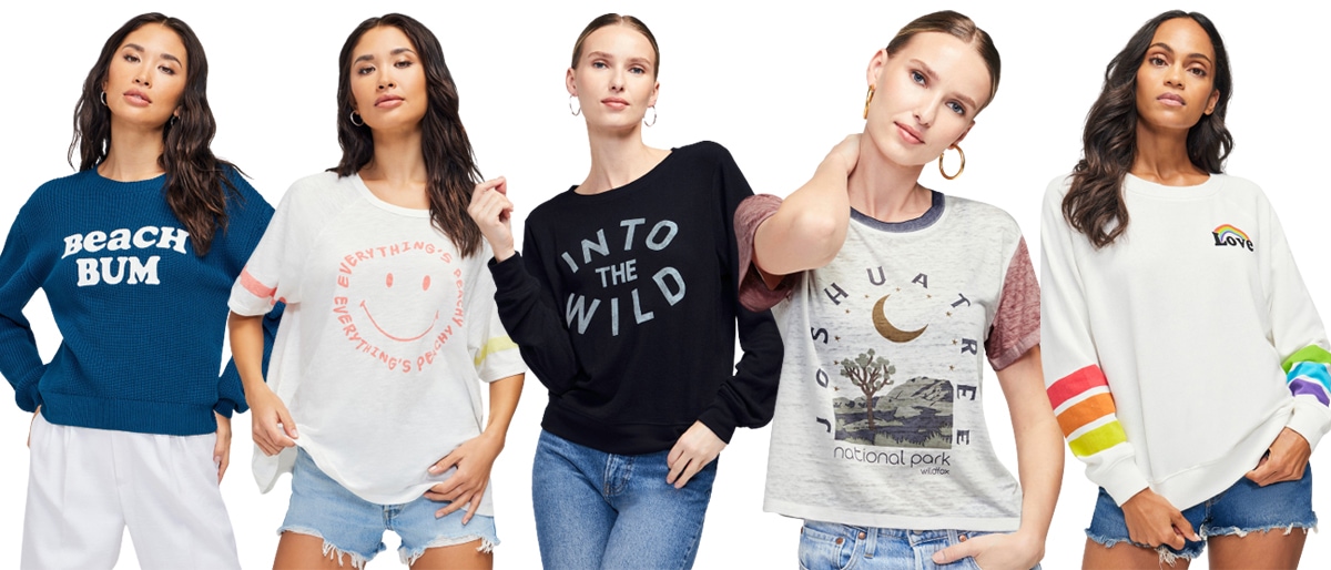 Wildfox offers tees and cozy sweaters that capture a vintage aesthetic with a California edge