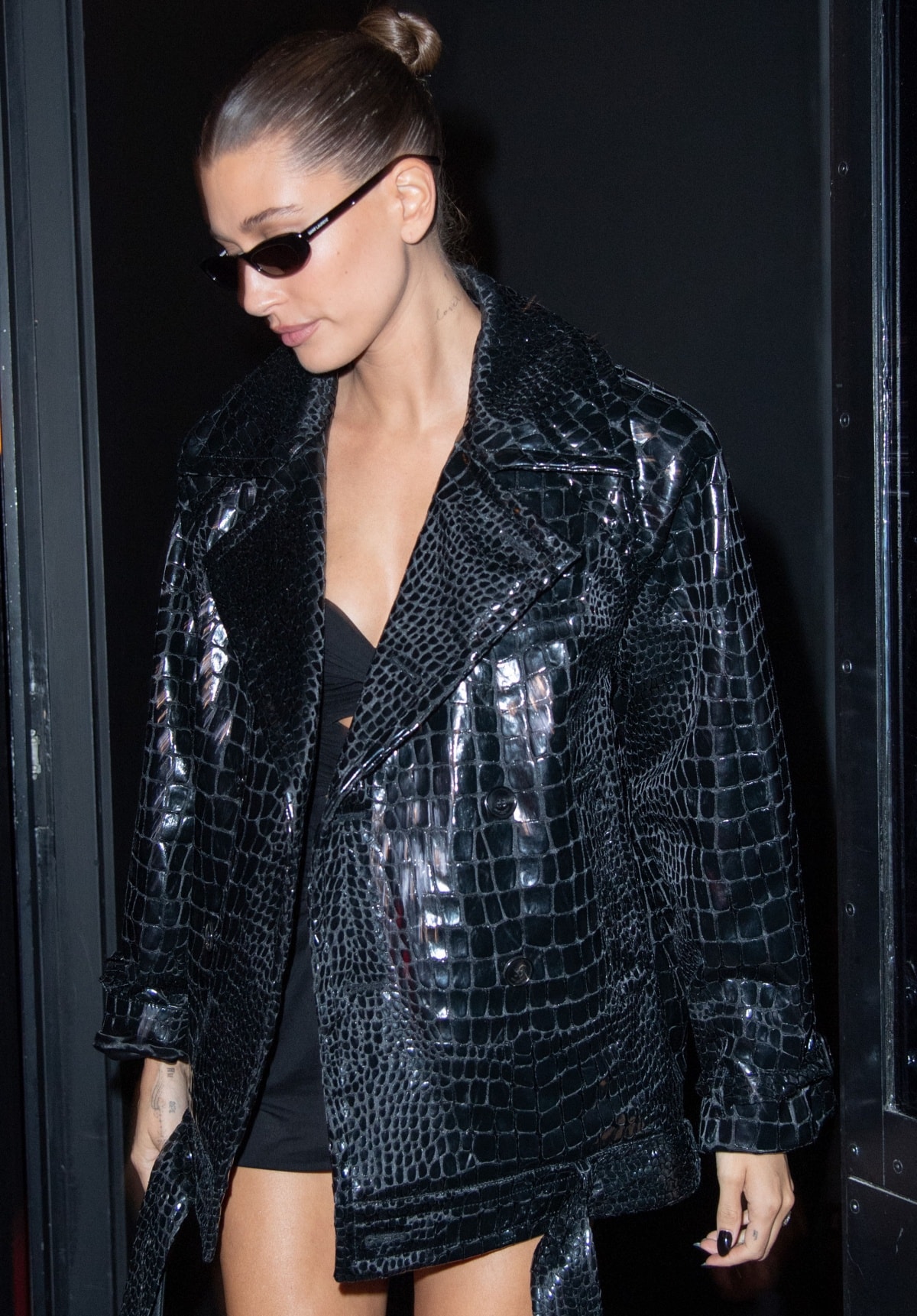 Hailey Bieber in a full Saint Laurent look during Paris Fashion Week