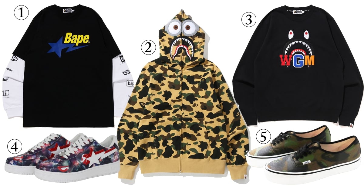 1. BAPE STA Layered L/S Tee; 2. X Minions 1st Camo Minions Shark Full Zip Hoodie; 3. Shark Embroidery Crewneck; 4. X Ghostbusters Camo Baby Milo Double Bape Sta Low Sneakers; 5. Bape X Vans 1st Camo Authentic Sneakers