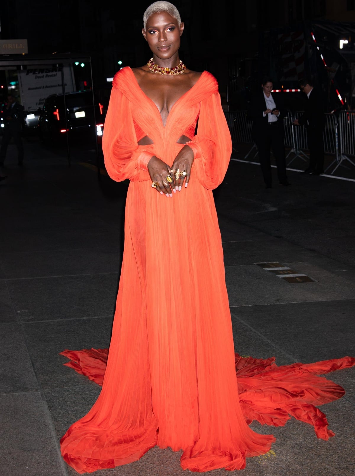 Jodie Turner-Smith wearing a Gucci orange chiffon gown at The Kering Foundation’s Caring for Women Dinner