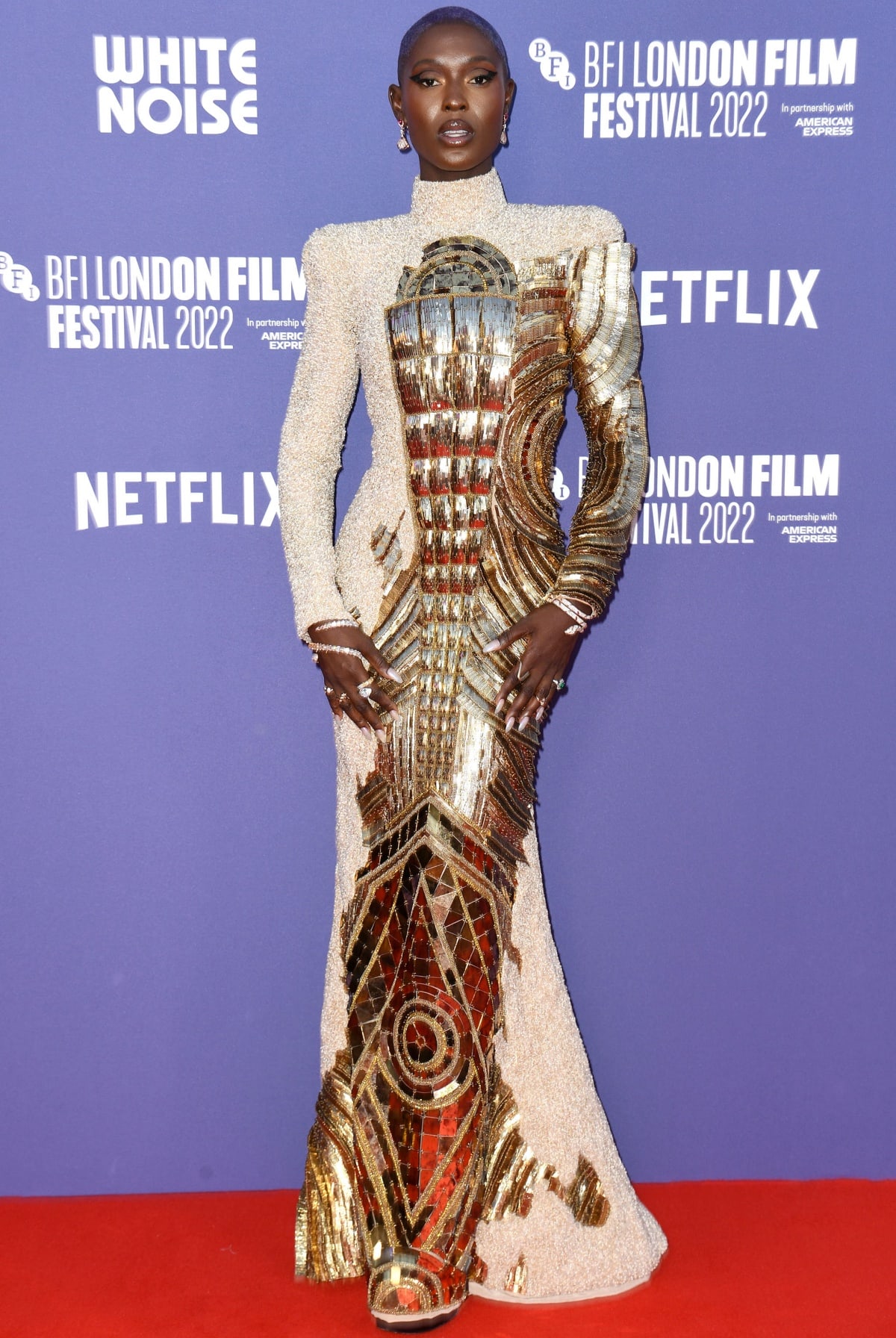 Jodie Turner-Smith wearing a Balmain couture gown at the White Noise premiere
