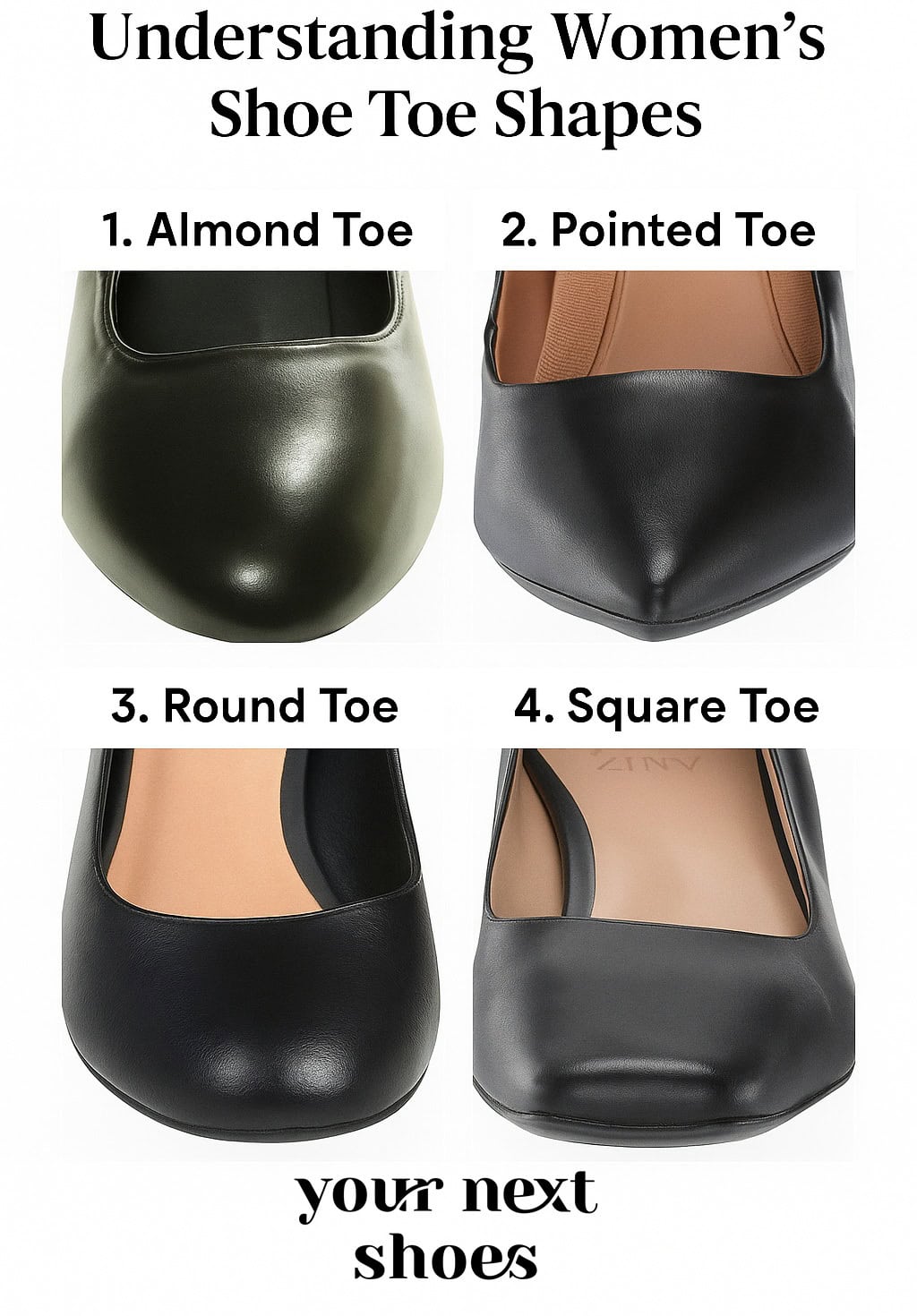 Visual guide comparing four common women's shoe toe shapes: almond toe, pointed toe, round toe, and square toe, with labeled close-up images of each style