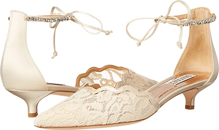 Badgley Mischka's Betsy Lace pumps have feminine lace vamps, crystal-embellished ankle straps, and comfy kitten heels