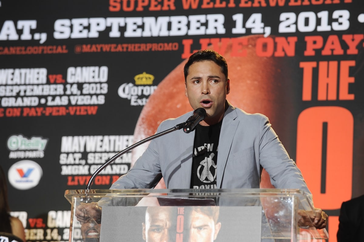 Boxer Oscar De La Hoya speaks at The ONE press conference at L.A. Live