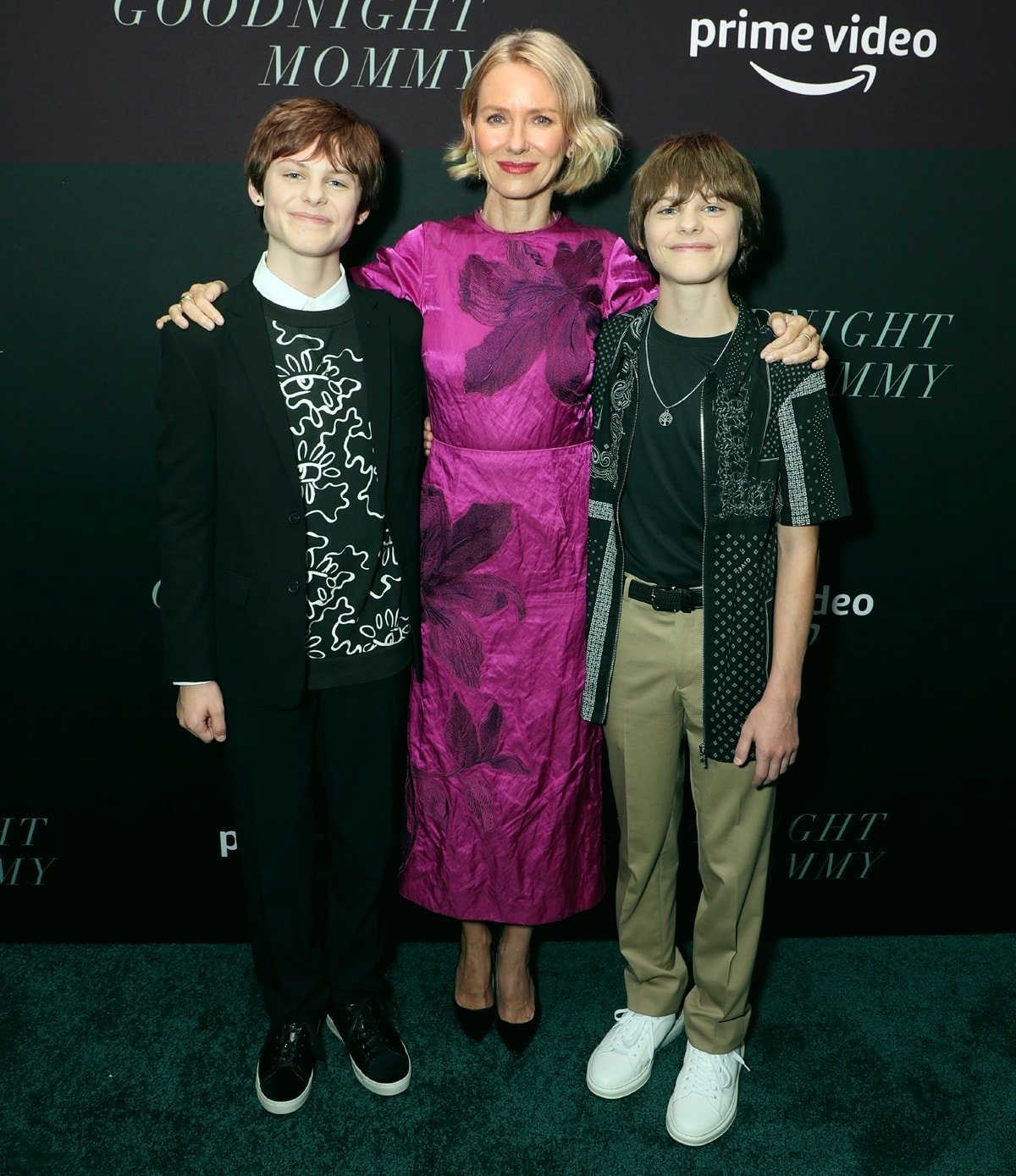 Cameron Crovetti, Naomi Watts in a pink Erdem dress, and Nicholas Crovetti arrive at Prime Video's 