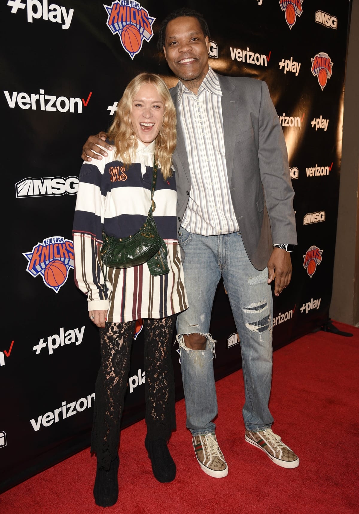 Chloe Sevigny and former Knicks team member Latrell Sprewell attend the Verizon +play Red Carpet at Madison Square Garden for the New York Knicks home opener