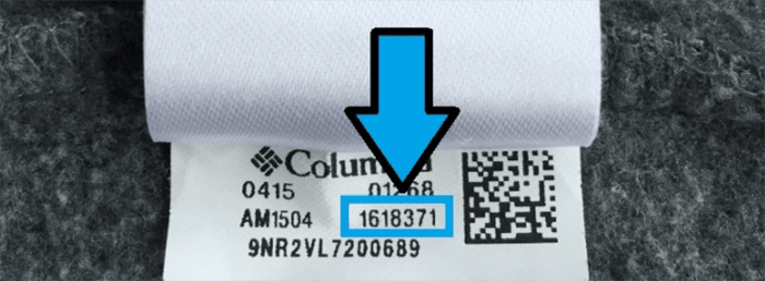 Columbia has a 7-digit style number on the tag behind the washing instructions