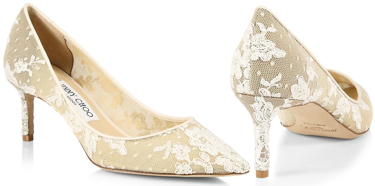 These Jimmy Choo Romy pumps are rendered in romantic floral lace, finished with pointy toes and high heels
