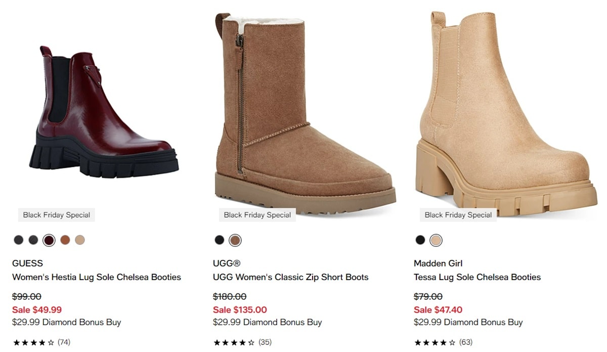 Macy's offers great Black Friday 2022 deals on booties and boots from women's shoe brands such as GUESS, UGG, and Madden Girl