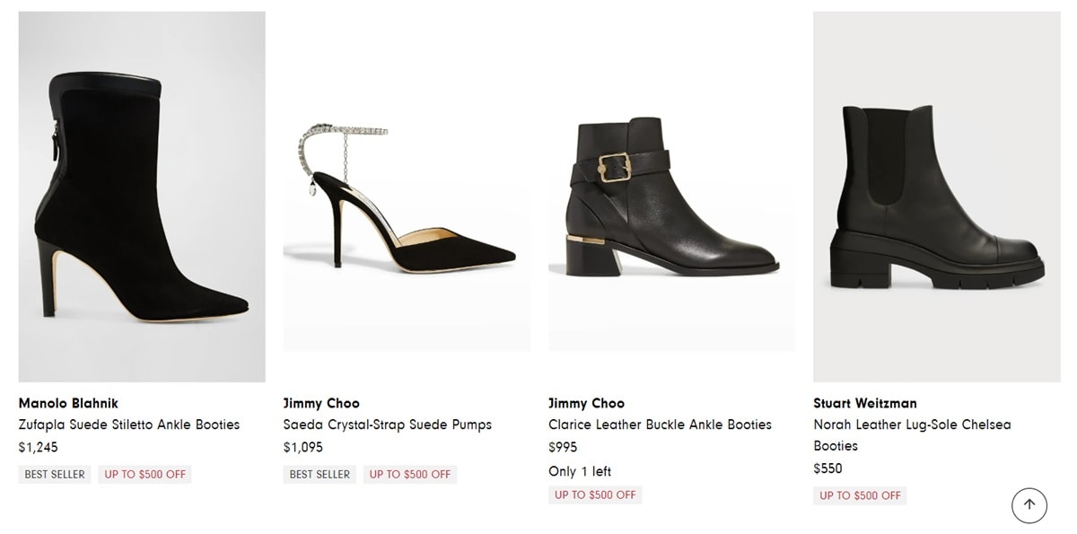 Neiman Marcus offers great Black Friday 2022 deals on ankle booties, pumps, and Chelsea boots from brands such as Manolo Blahnik, Jimmy Choo, and Stuart Weitzman
