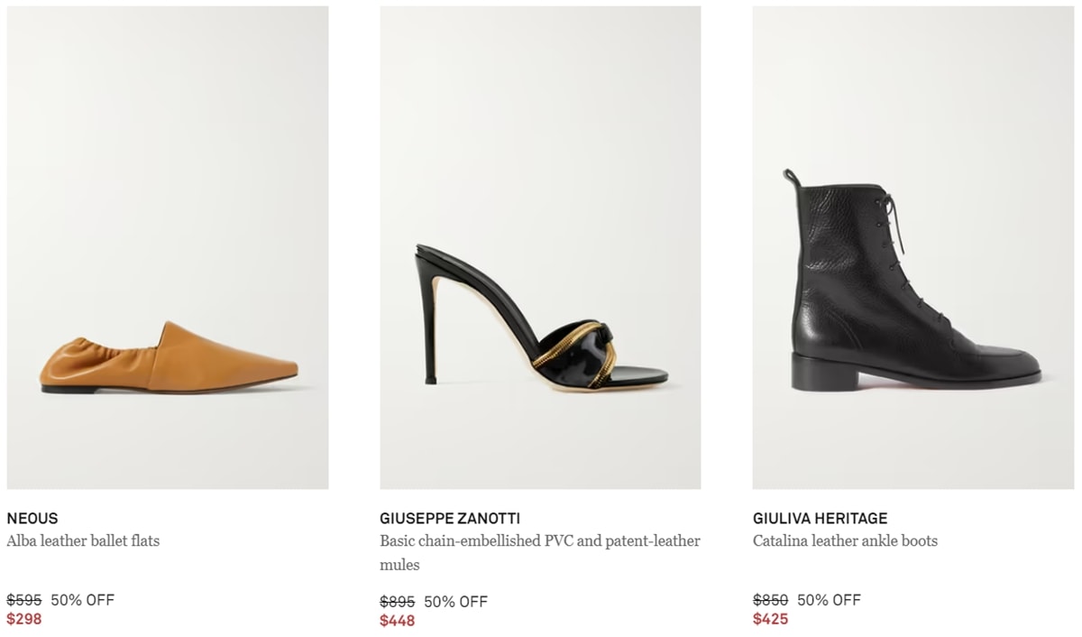 Net-a-Porter offers fantastic Black Friday 2022 deals on ballet flats, mules, and ankle boots from brands such as Neous, Giuseppe Zanotti, and Giuliva Heritage