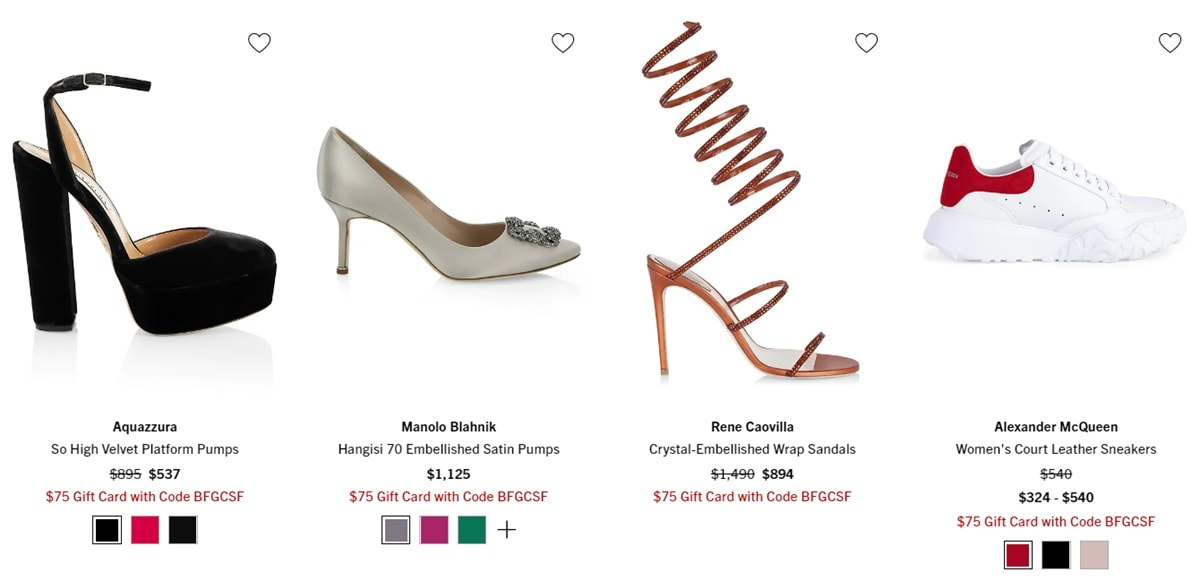 Saks Fifth Avenue offers great Black Friday 2022 deals on pumps, sandals, and sneakers from brands such as Aquazzura, Manolo Blahnik, Rene Caovilla, and Alexander McQueen
