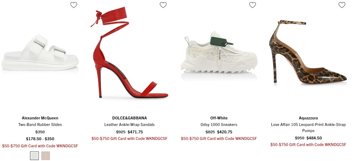 Get a gift card worth up to $750 when you shop designer shoes by Alexander McQueen, Dolce & Gabbana, Off-White, and Aquazzura during the 2022 Cyber Monday sale at Saks Fifth Avenue