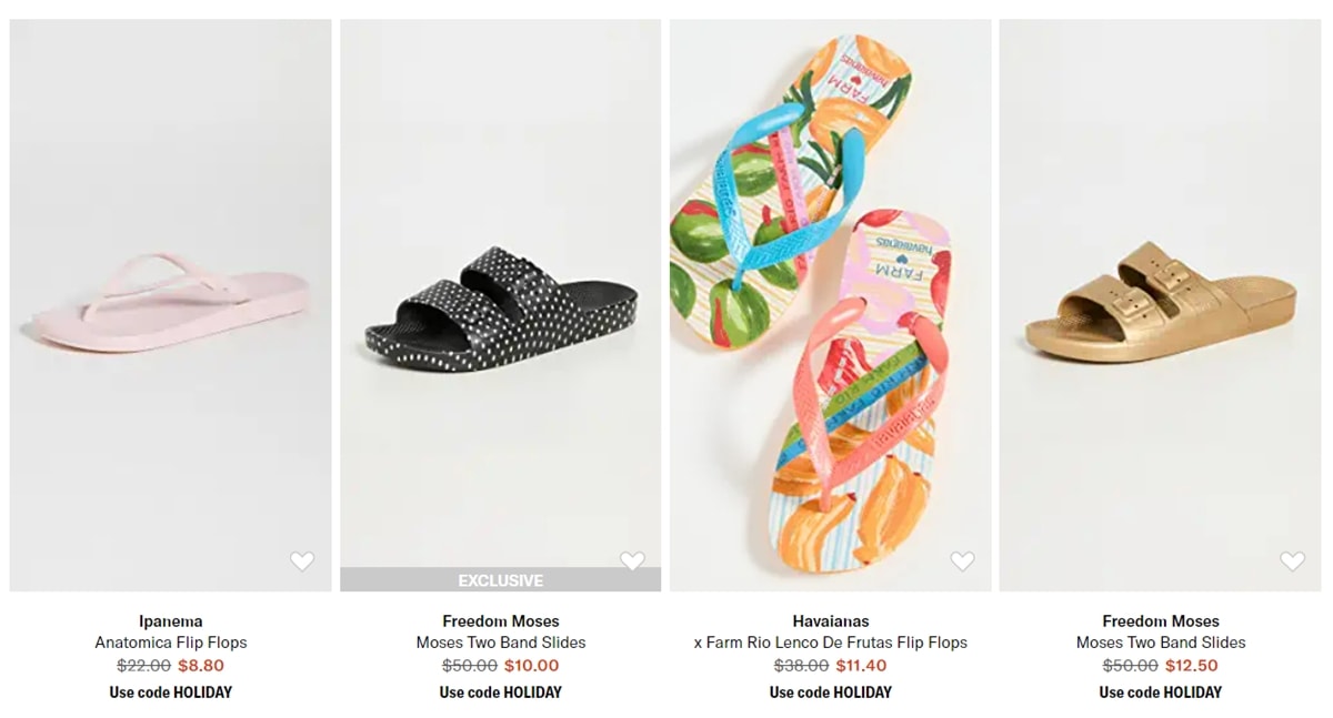 Shopbop offers incredible deals on flip flops and slide sandals from brands such as Ipanema, Freedom Moses, and Havaianas during its 2022 Cyber Monday sale