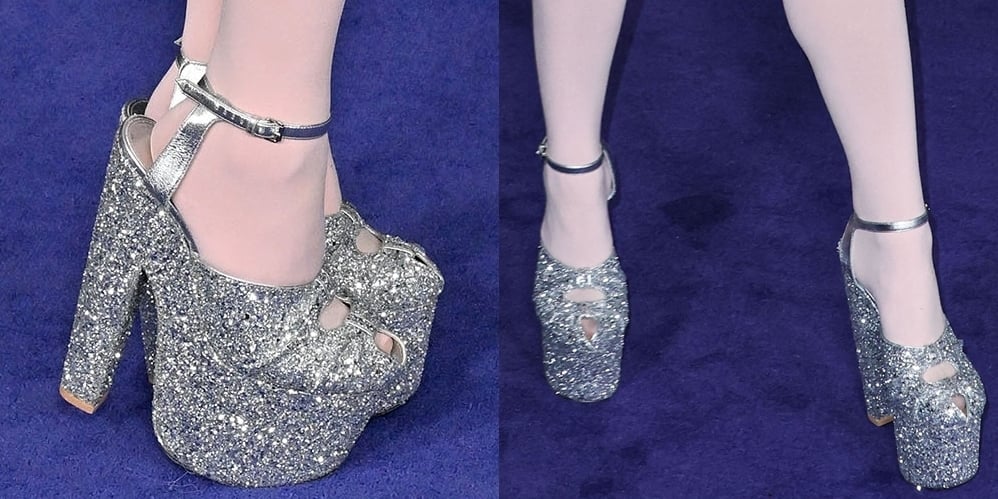 Sydney Sweeney styled her pink tights with Giambattista Valli sparkle platform heels that increased her height