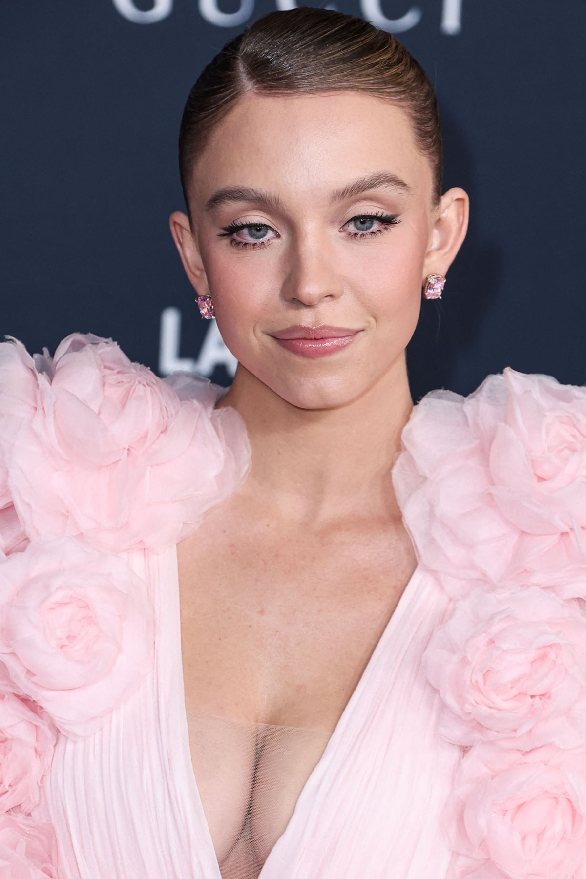 Sydney Sweeney flaunts her cleavage in a baby pink Giambattista Valli dress featuring a plunging neckline and floral organza appliqué adorned sleeves