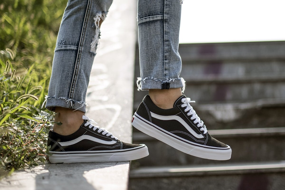 Vans Old Skool shoes feature the jazz stripes and a canvas and suede upper
