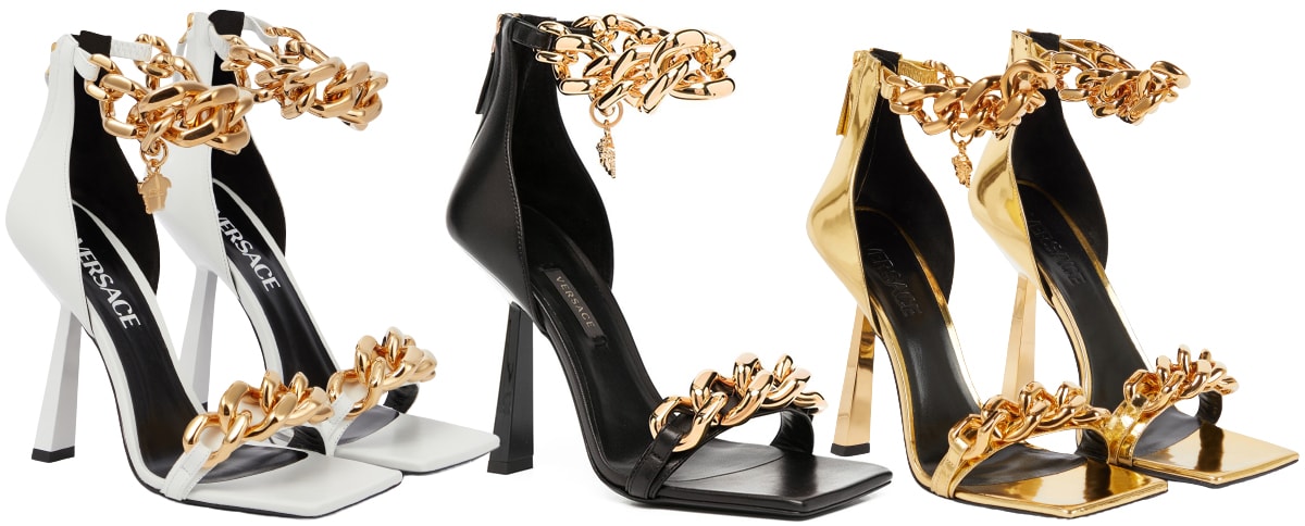 The Versace Medusa Chain sandals are instantly recognizable, thanks to the chunky gold chain straps, suspended pendants, and high angled heels