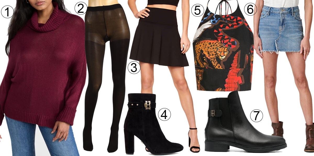 This fashionable outfit, consisting of a 525 soft acrylic easy turtleneck pullover, HUE super opaque tights, Susana Monaco high-waist flare miniskirt, Osklen animal-print halter crop top, and Lucky Brand denim miniskirt, pairs perfectly with stylish ankle boots like Holland Cooper Mayfair suede ankle boot (4) or Tommy Hilfiger monogram boots (7)