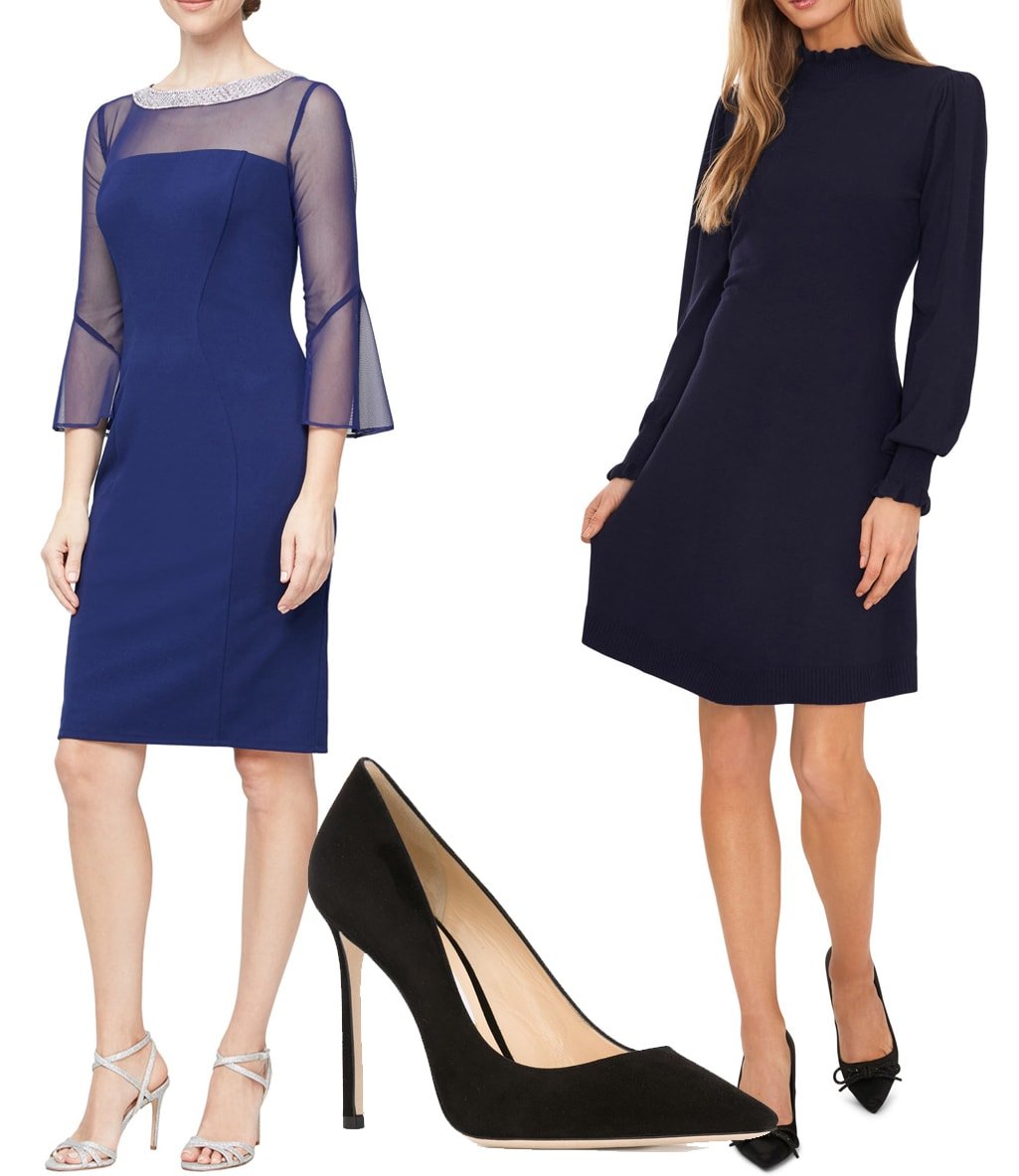 black shoes and navy dress