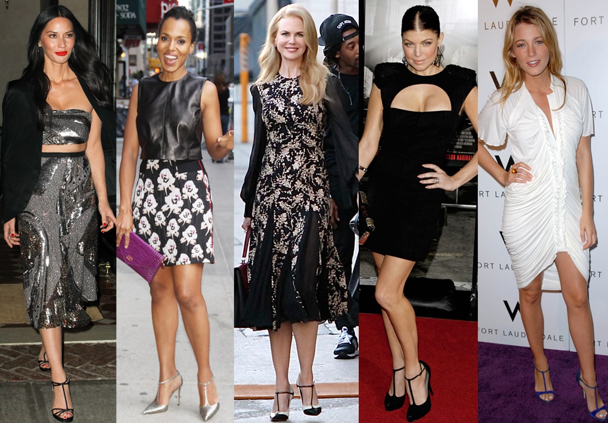 Olivia Munn, Kerry Washington, Nicole Kidman, Fergie, and Blake Lively wearing flattering and leg-lengthening T-strap heels