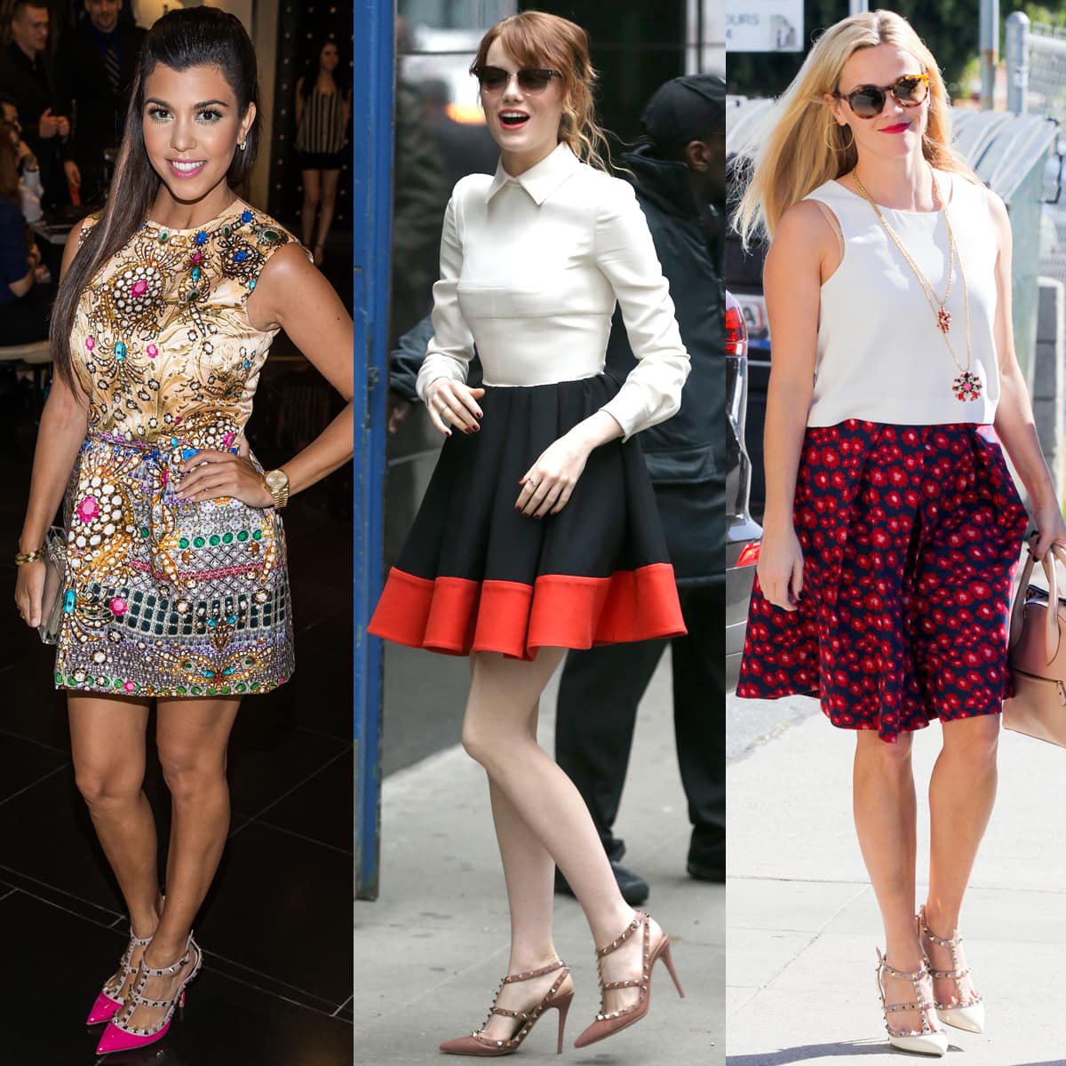 Kourtney Kardashian, Emma Stone, and Reese Witherspoon wearing Valentino's iconic Rockstud pumps