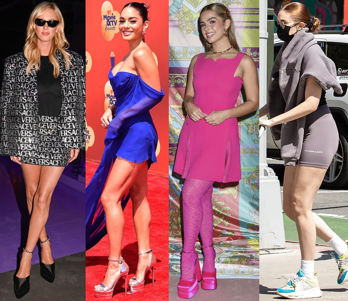 Celebrities Nicky Hilton, Vanessa Hudgens, Addison Rae, and Gigi Hadid wearing Versace shoes
