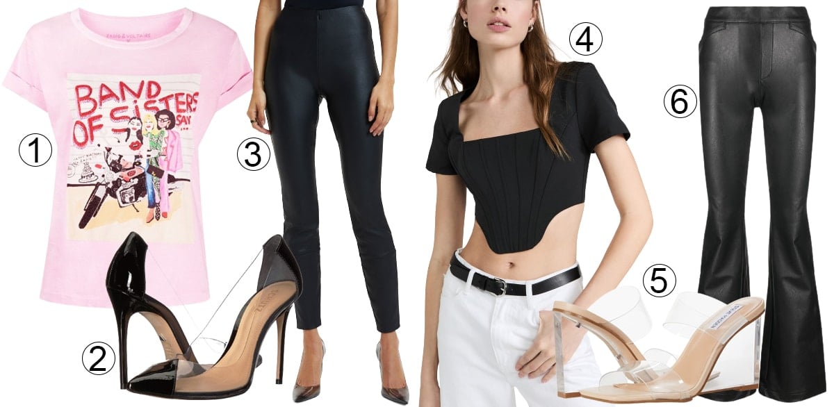 Outfit with clear heels, shirt, and leather pants
