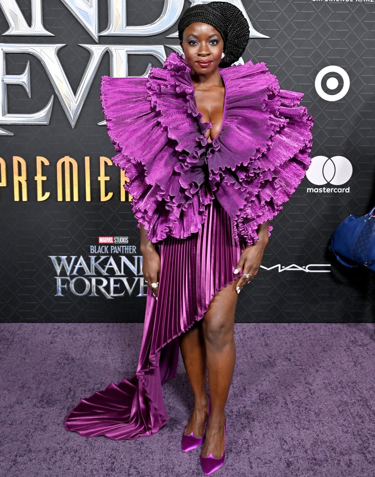 Danai Gurira wearing a Robert Wun Spring 2023 purple dress and Roger Vivier pumps