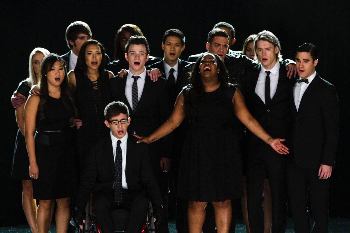 The cast of Glee performing a song in The Quarterback episode of the hit musical comedy-drama television series