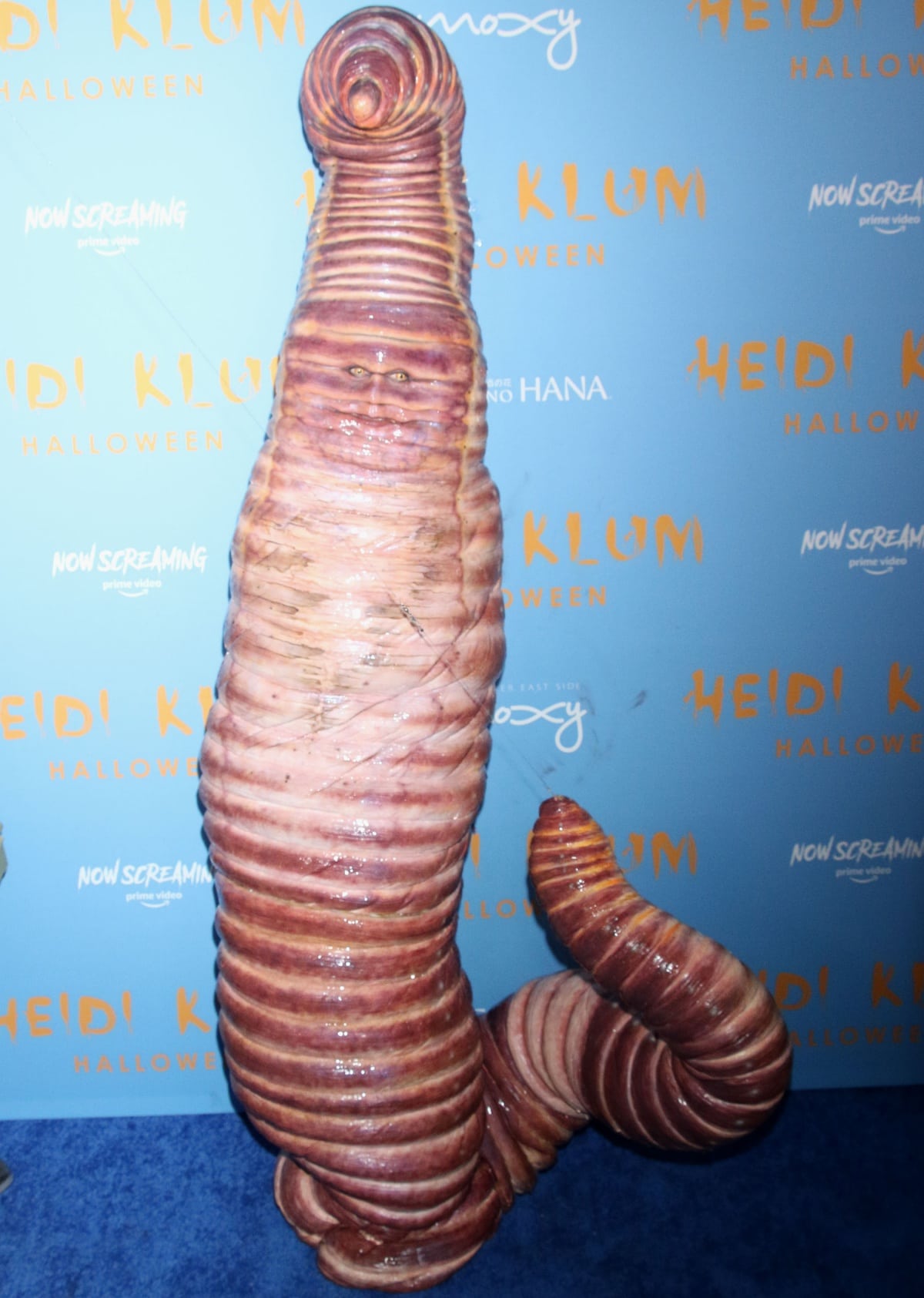 Heidi Klum as a giant ribbed worm at her 21st Annual Halloween Party