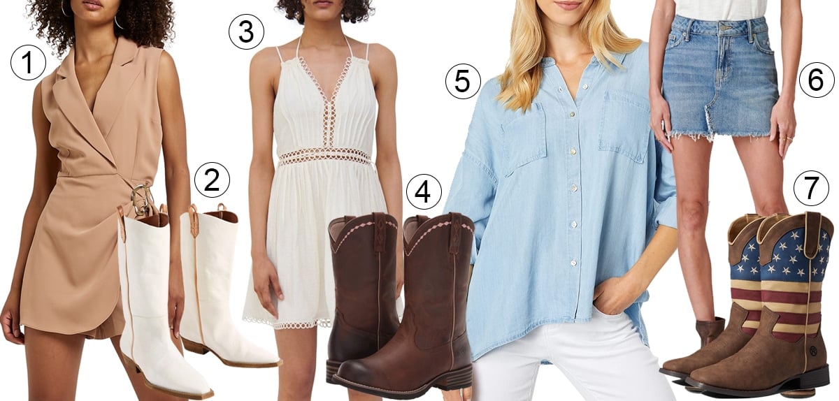 1. River Island Wrap Blazer Playsuit; 2. We The Free Montage Tall Boots; 3. Jonathan Simkhai Trista Summer Lace-Up Dress; 4. Ariat Unbridled Roper Boots; 5. Dear John Arianna Top; 6. Lucky Brand Denim Mini Skirt; 7. Roper America First Boots