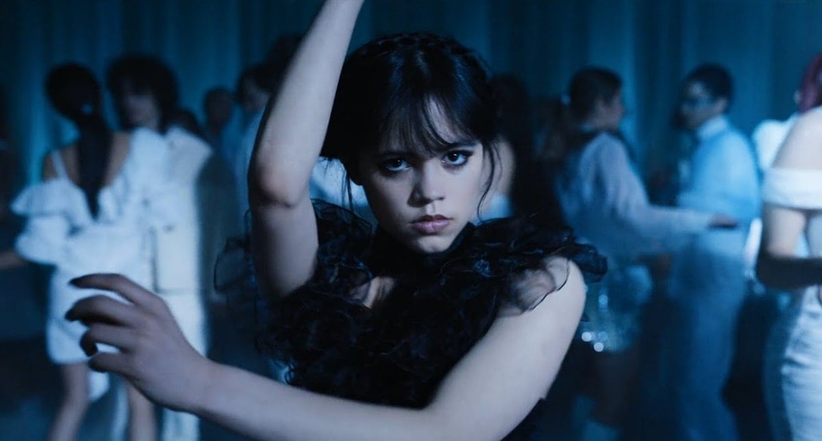 Jenna Ortega as Wednesday Addams showing off her quirky dance moves during Nevermore Academy’s Rave’N Dance in episode four of Wednesday, entitled Woe What a Night