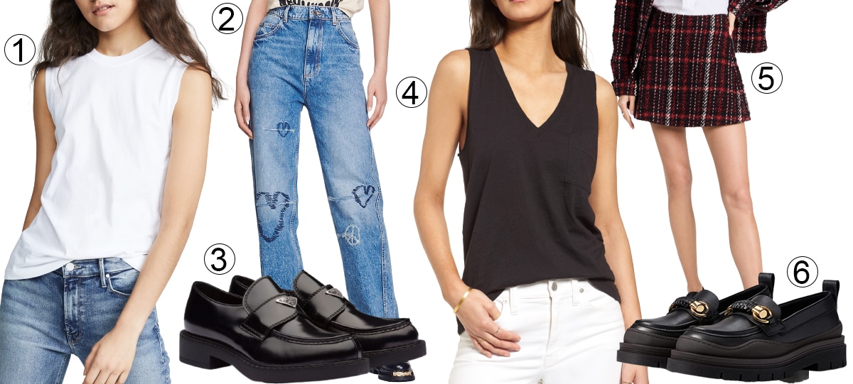 This comfortable and stylish outfit, featuring an ATM Anthony Thomas Melillo sleeveless boy tee, Sandro Patty embroidered straight-leg jeans, Madewell V-neck tank top, and Marni mini A-line skirt, is ideal for casual outings and pairs effortlessly with loafers such as Prada logo-plaque chunky loafers (3) or See By Chloé Lylia loafers (6)