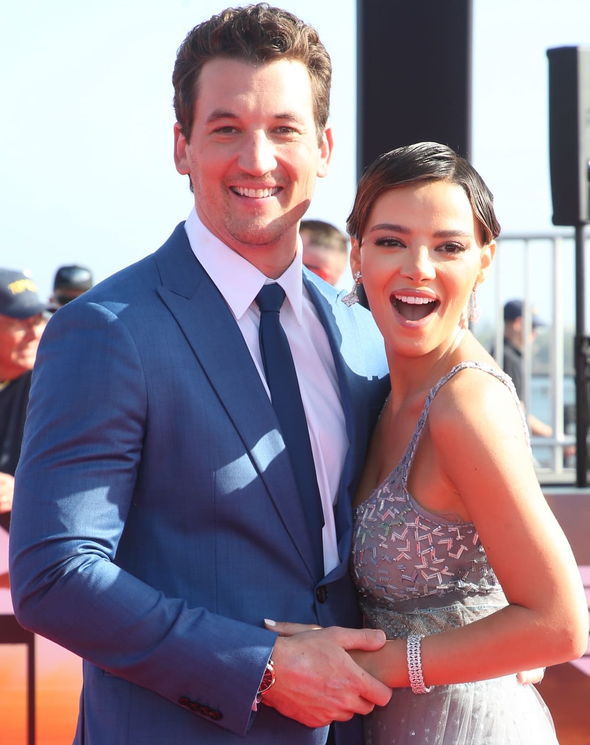 Miles Teller and Keleigh Sperry looking loved up at the world premiere of Top Gun: Maverick