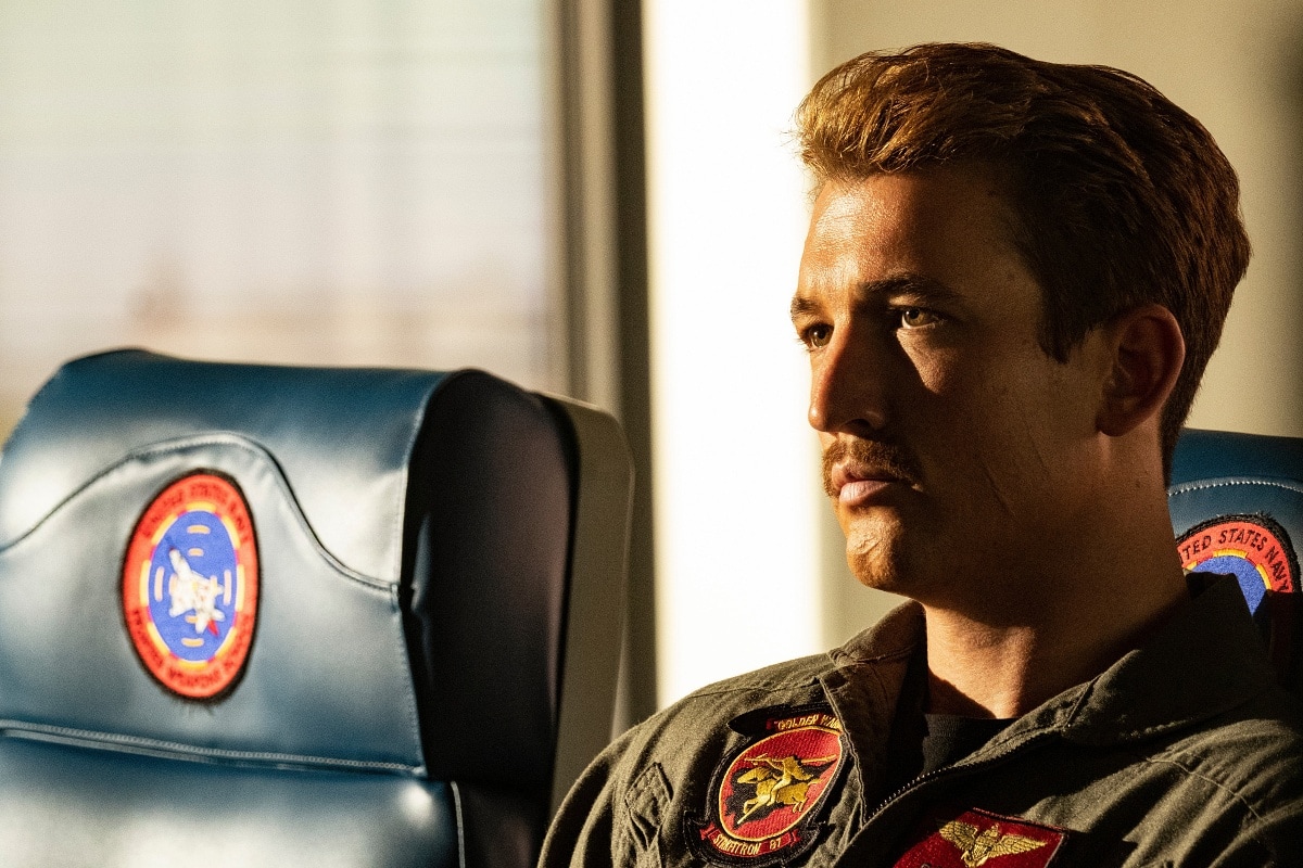 Miles Teller as Lieutenant Bradley “Rooster” Bradshaw in the 2022 action film Top Gun: Maverick