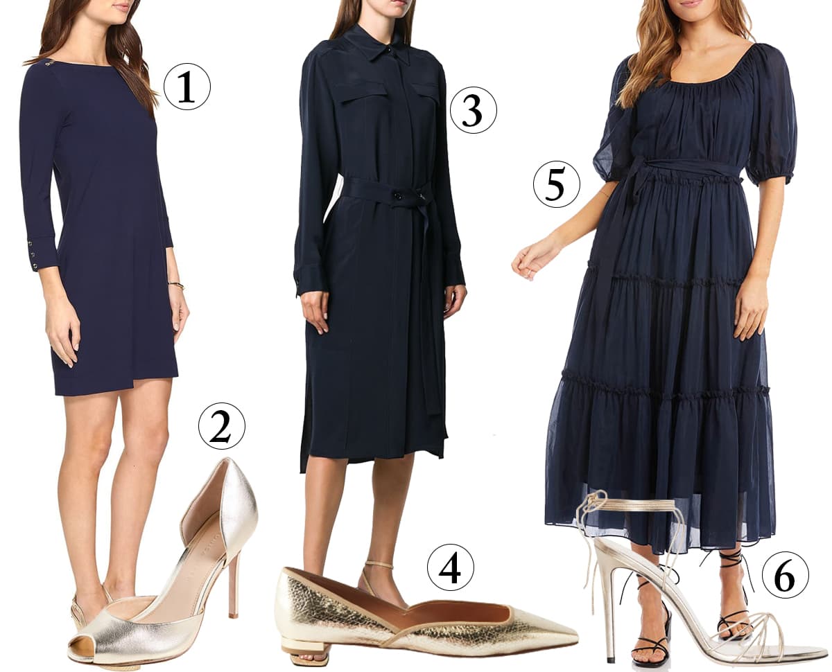 Outfits with gold metallic shoes and navy dresses
