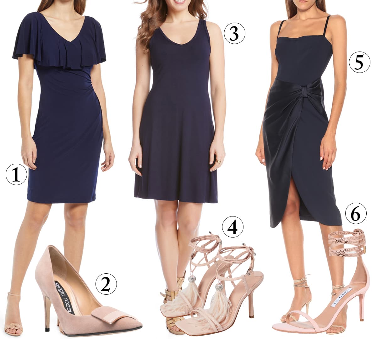 Outfits with baby pink shoes and navy dresses