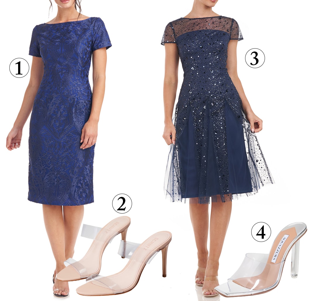 Outfits with transparent see-through shoes and navy dresses