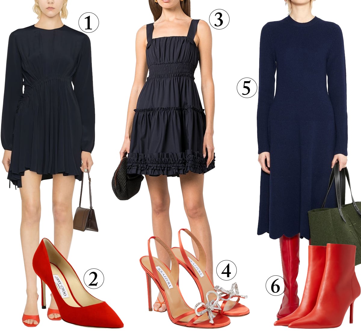 Navy dress store and red shoes