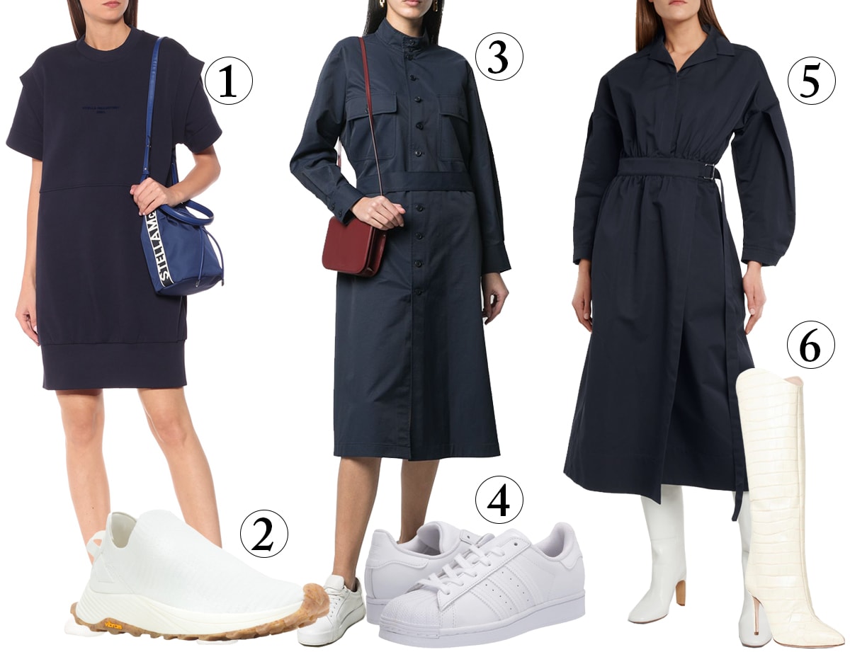 Outfits with white shoes and navy dresses