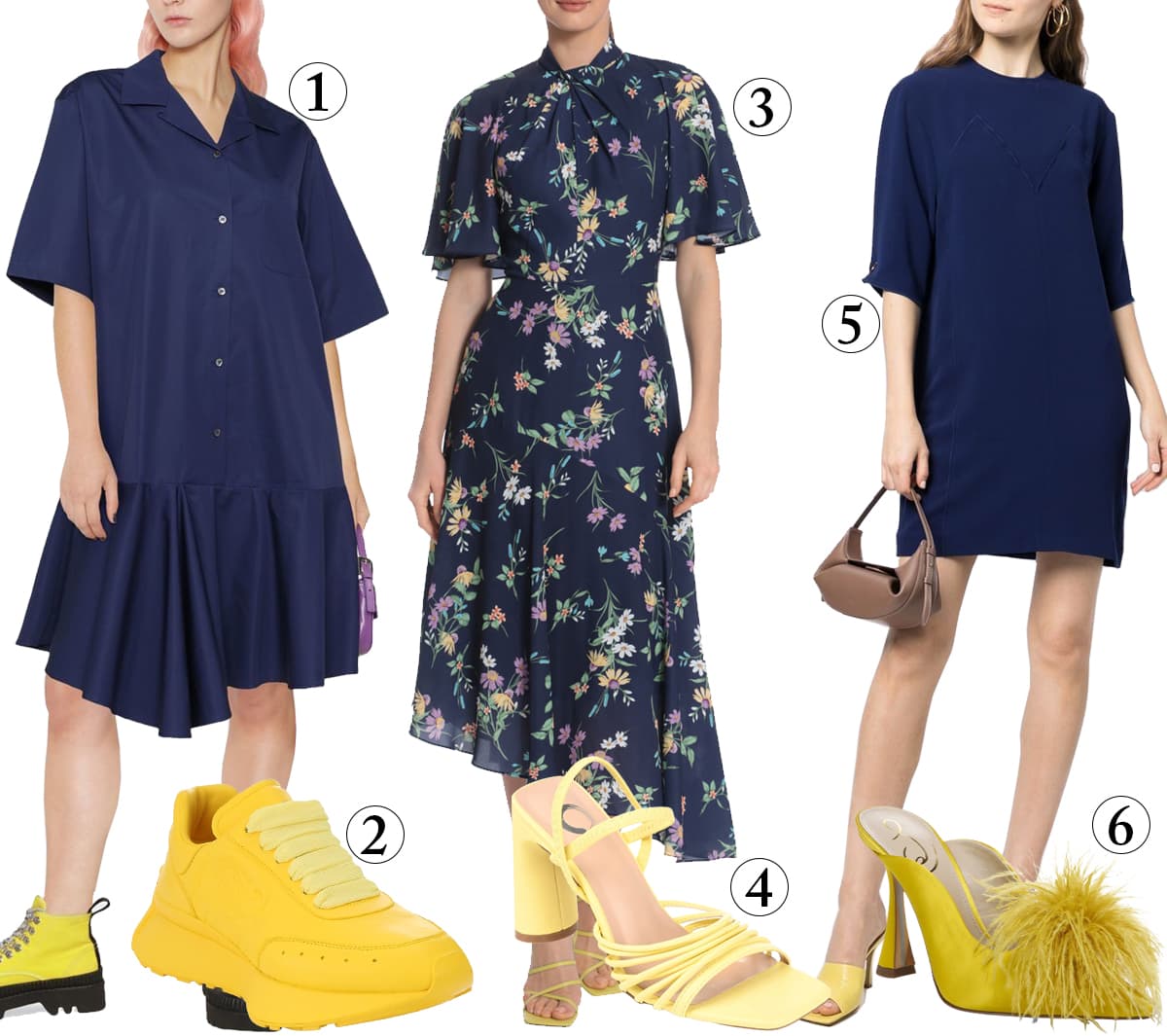 Outfits with sunshine yellow shoes and navy dresses