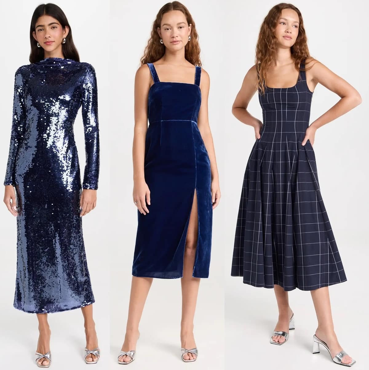 To transition from a workwear look to an occasion-ready ensemble, consider pairing your navy dress with silver sparkly shoes