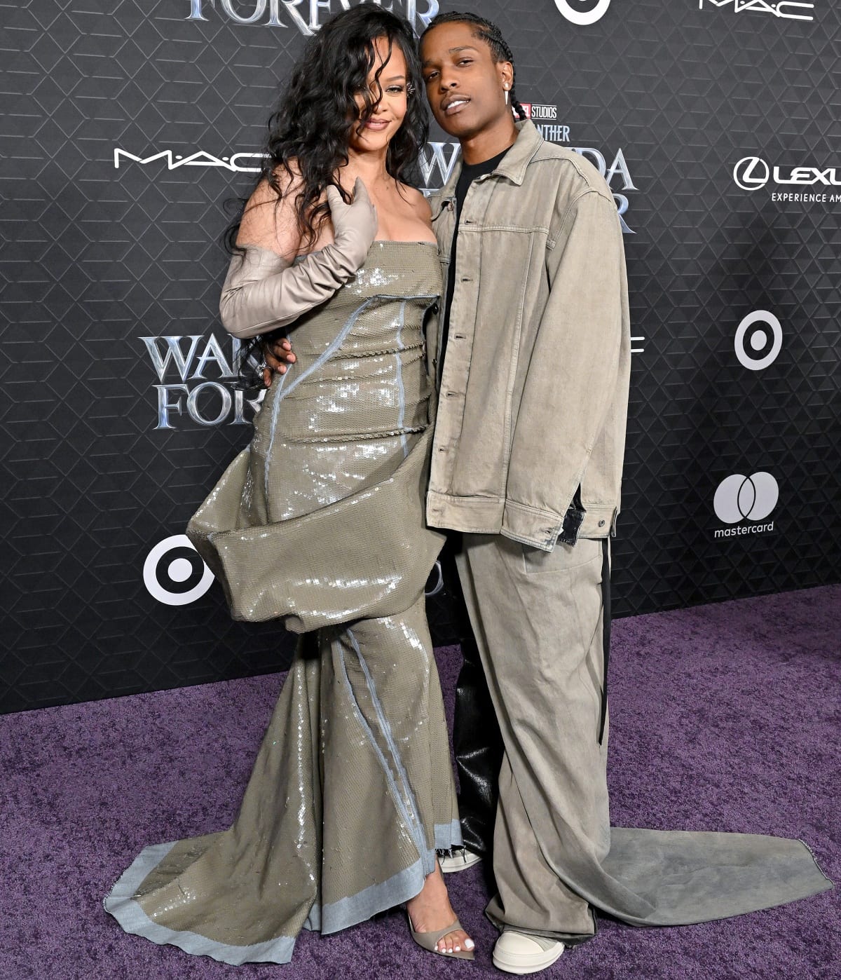 Rihanna and A$AP Rocky in color-coordinating outfits at the Black Panter: Wakanda Forever Los Angeles premiere