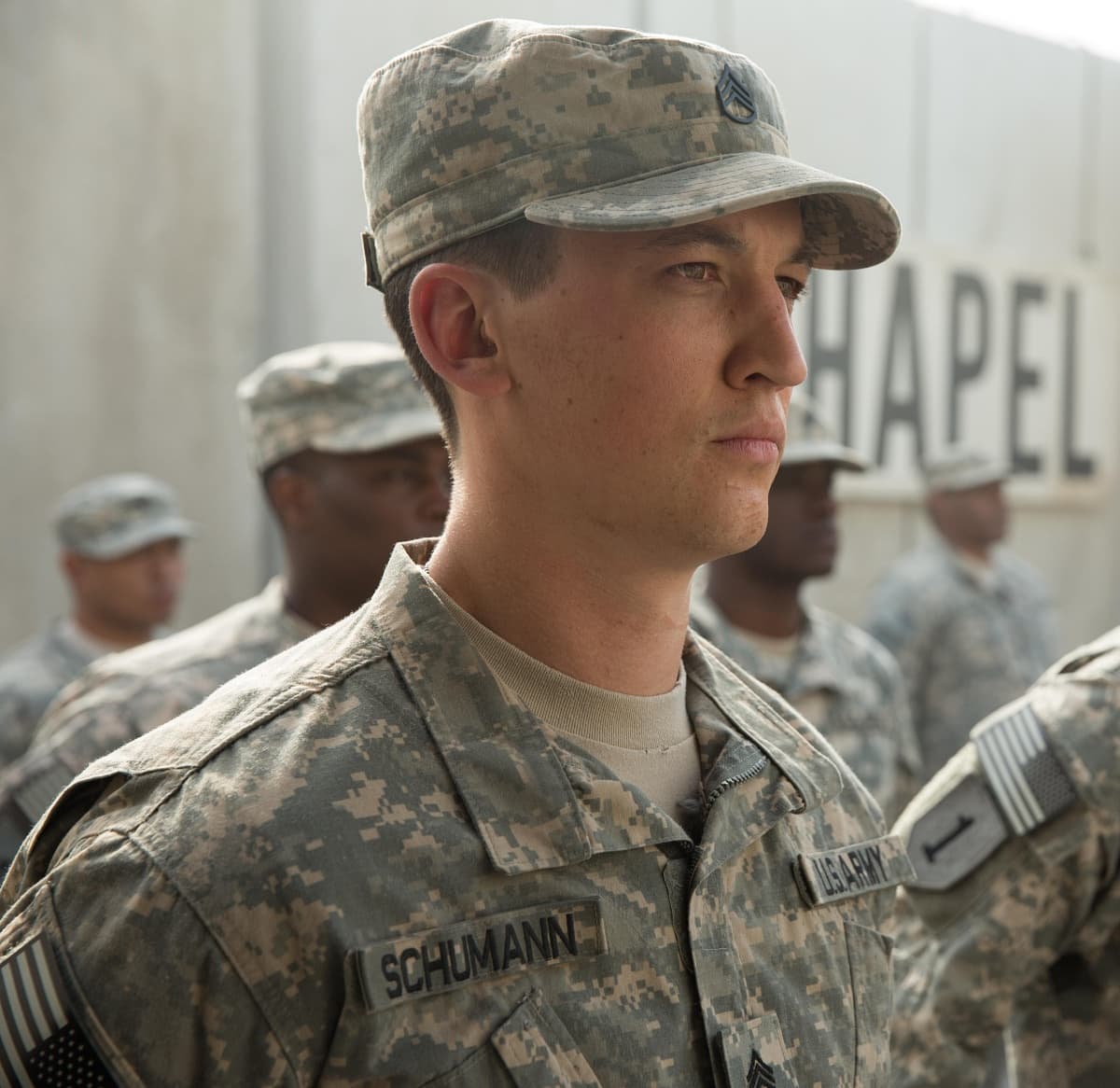 Miles Teller as Adam Schumann in the 2017 biographical war drama film Thank You for Your Service