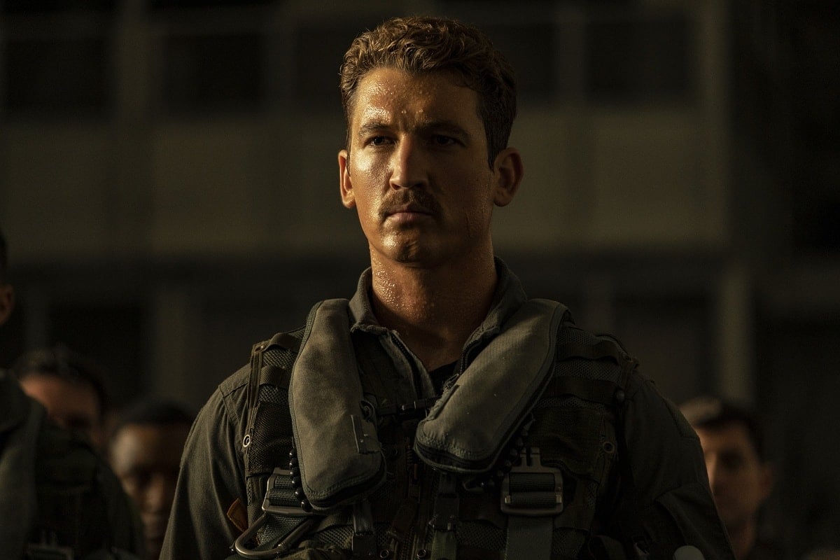 Miles Teller as Lieutenant Bradley “Rooster” Bradshaw in the 2022 action film Top Gun: Maverick