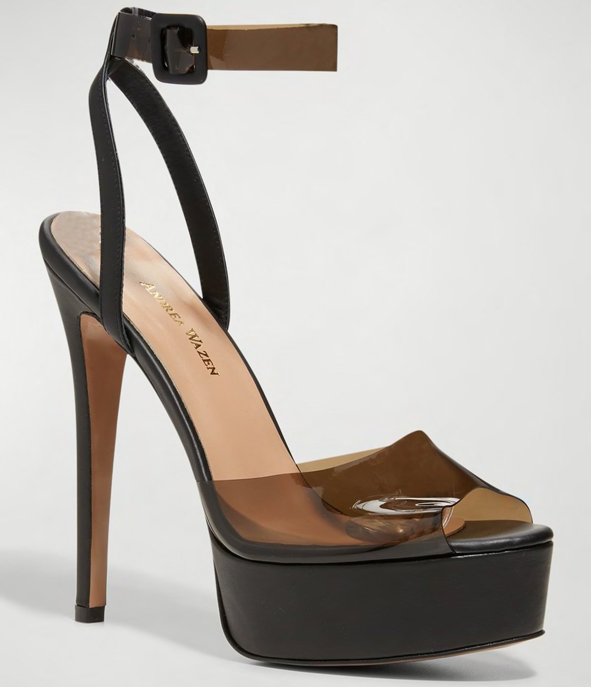 The Andrea Wazen Antigone sandals have clear peep-toe vamp straps and ankle straps set atop 6-inch heels