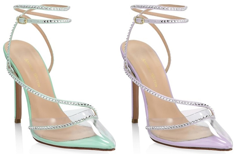 The Andrea Wazen Dassy Sunset pumps have clear PVC pointed toes and crystal-encrusted diagonal straps and wraparound ankle straps