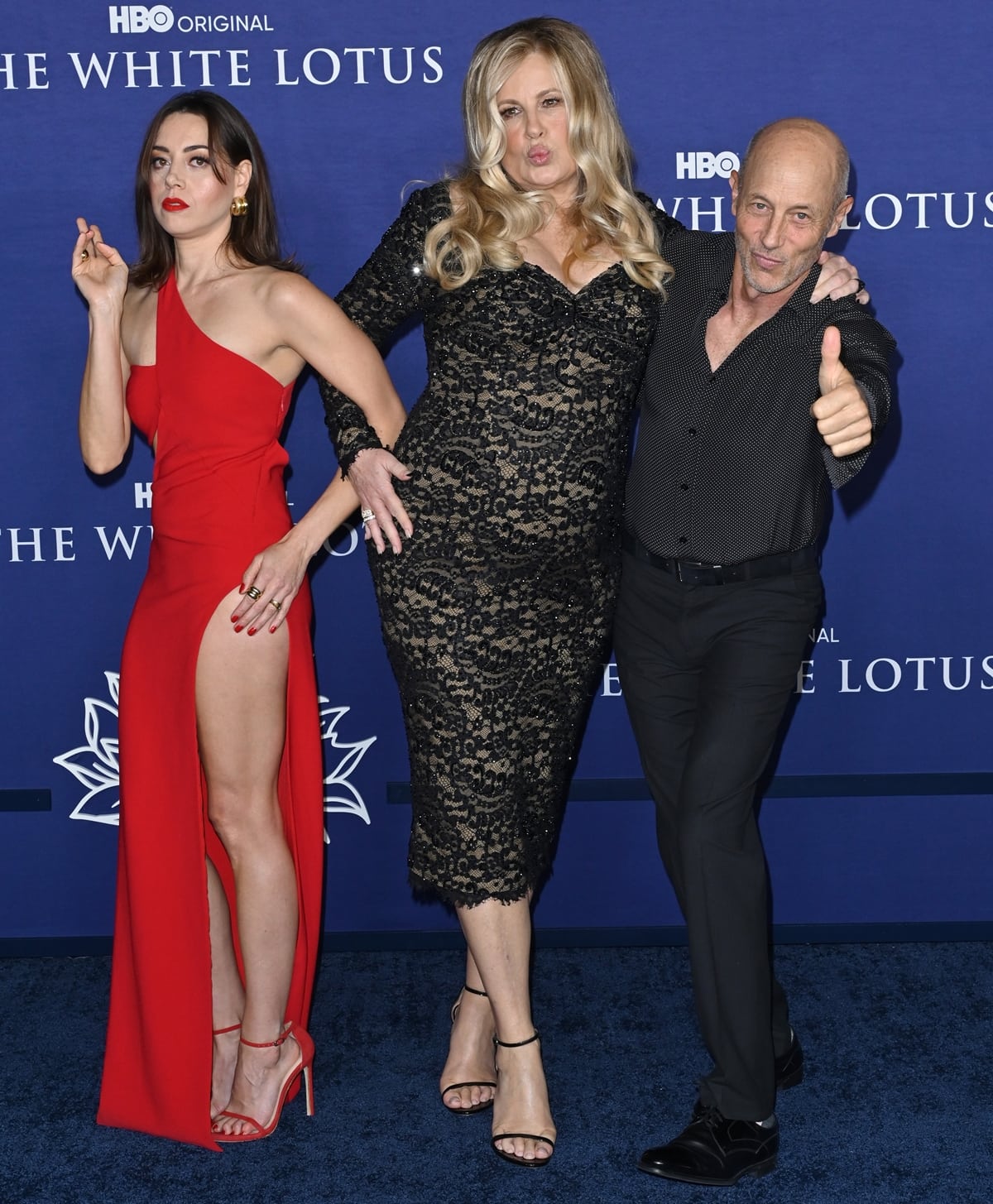 Aubrey Plaza in Monot, Jennifer Coolidge in Dolce&Gabbana, and Jon Gries attend the Los Angeles Season 2 Premiere of the HBO Original Series "The White Lotus"